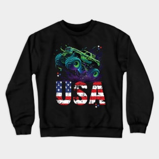 USA Monster Truck American Flag 4th July Men Boys Girls Race Crewneck Sweatshirt